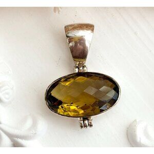 Natural Olive Quartz Gemstone Modernist Sterling Silver 925 Vintage Pendant